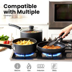 KICHLY 8 Piece Pots and Pans Set, Non Stick Kitchen Cookware Set with 20cm & 28cm Frying Pans and 16cm, 18cm, 20cm Saucepans with Lids, Induction Compatible Pots and Pans Set Non Stick, Black