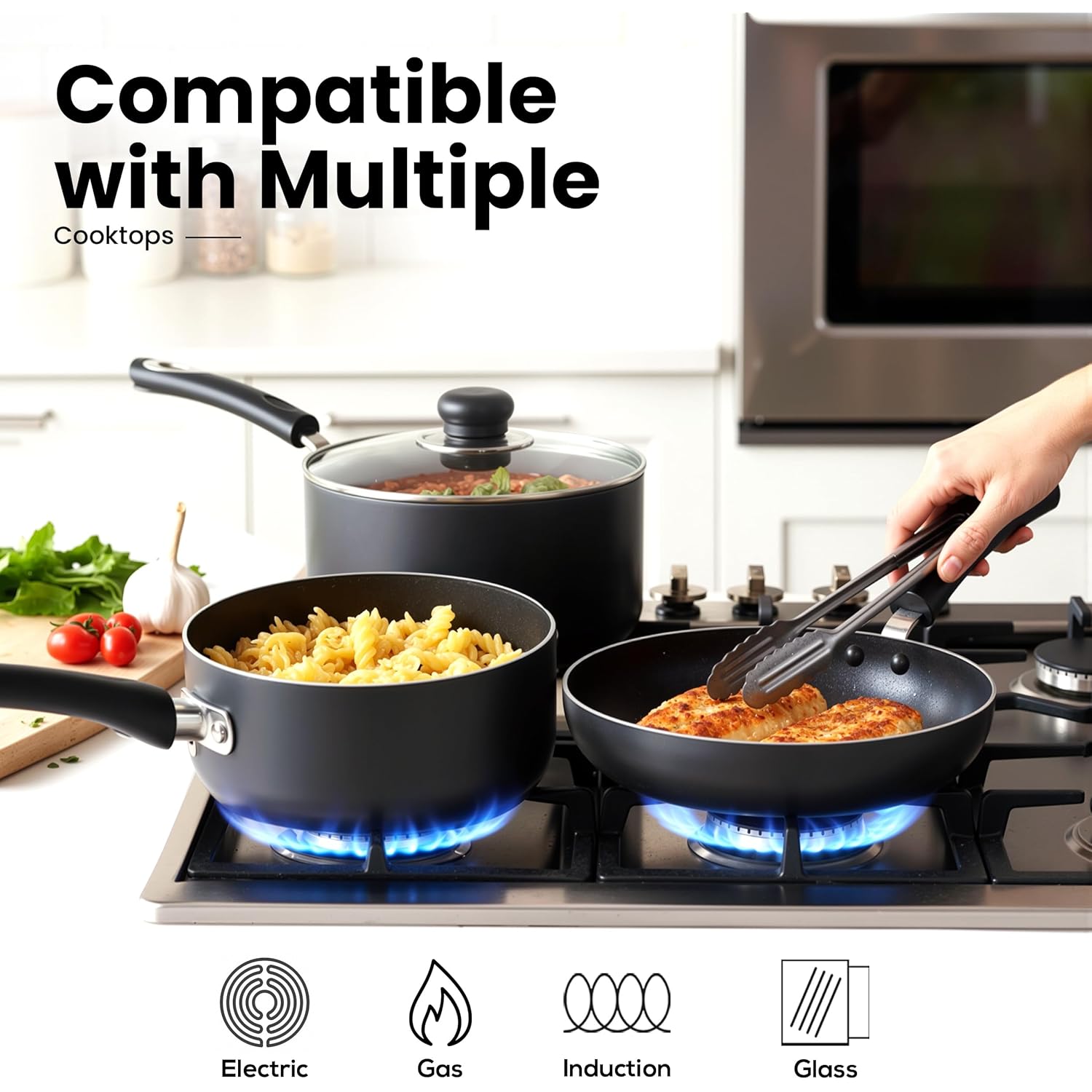 KICHLY 8 Piece Pots and Pans Set, Non Stick Kitchen Cookware Set with 20cm & 28cm Frying Pans and 16cm, 18cm, 20cm Saucepans with Lids, Induction Compatible Pots and Pans Set Non Stick, Black