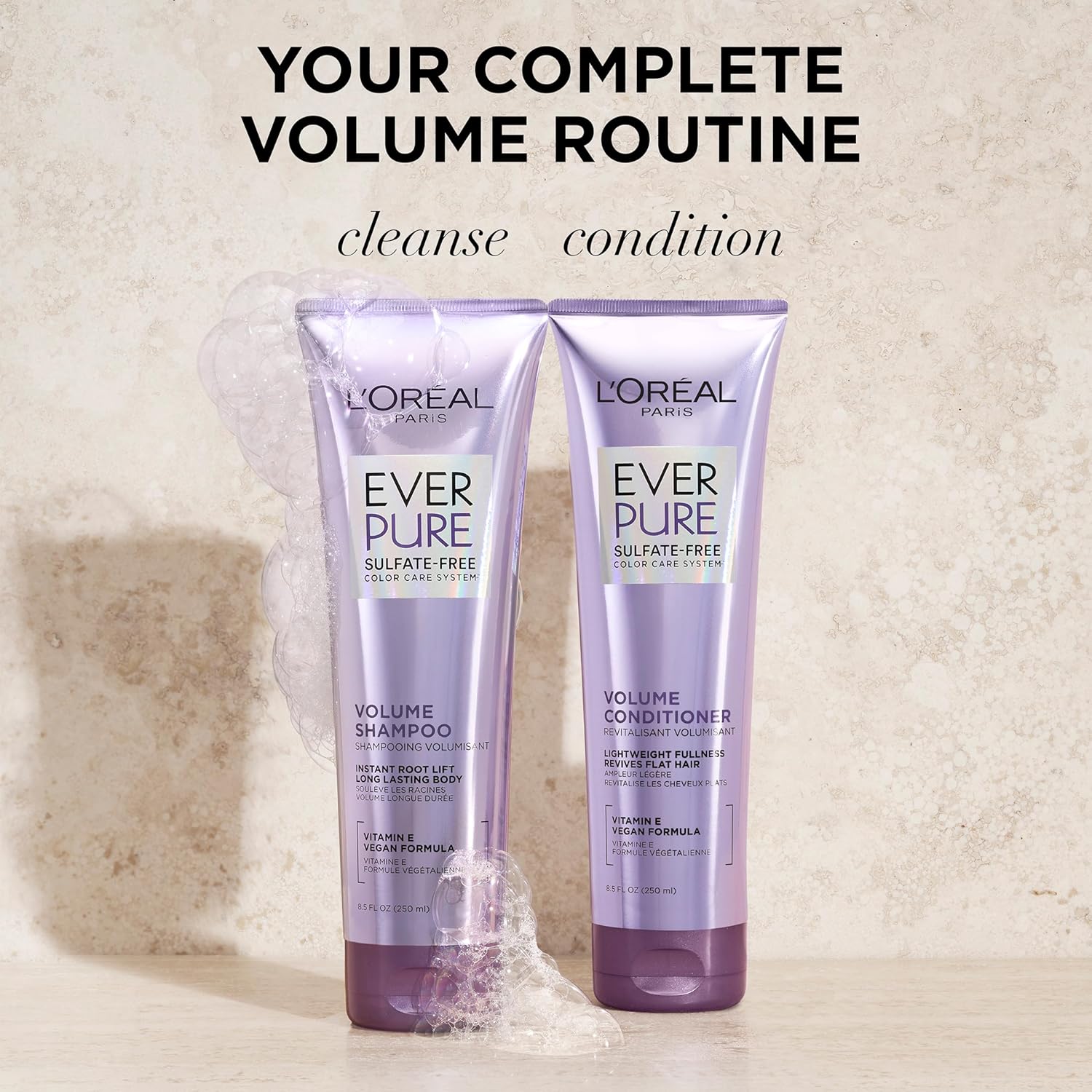 L'Oreal Paris Volume Sulfate Free Shampoo and Conditioner for Color-Treated Hair, EverPure, 8.5 Fl Oz (Set of 2)