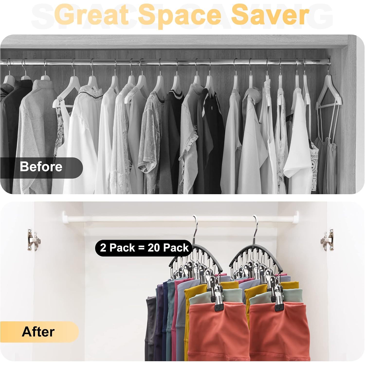 Legging Organizer For Closet,2 Pack Metal Yoga Pants Hangers W/10 Clips Hold 20 Leggings,Space Saving Hanging Closet Organizer Clothes Hanger College Dorm Essentials Apartment Essential,Black