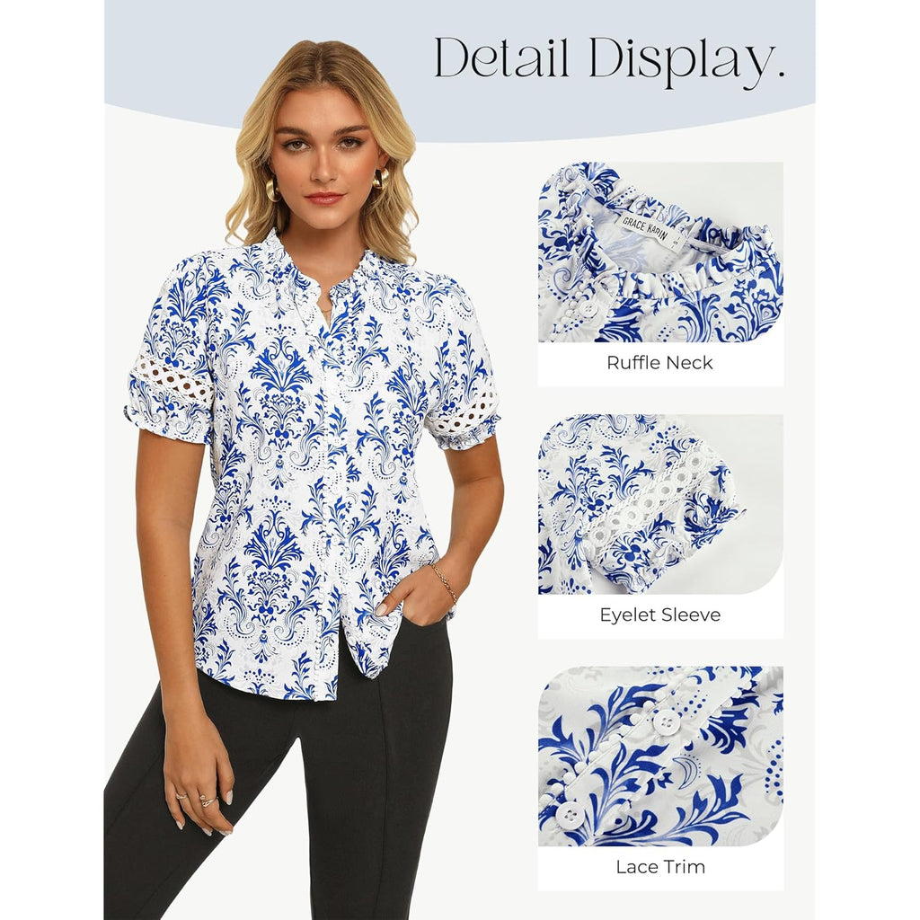 Women Boho Floral Tops, Summer Short Eyelet Sleeve Dressy Casual Shirts, Spring Button Down Blouse 2026 Trendy