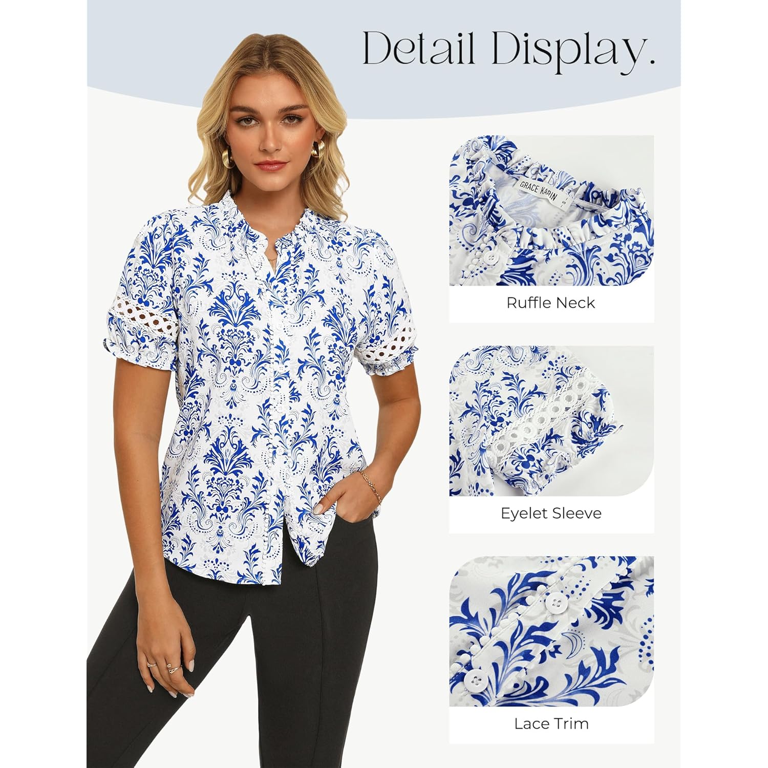Women Boho Floral Tops, Summer Short Eyelet Sleeve Dressy Casual Shirts, Spring Button Down Blouse 2026 Trendy