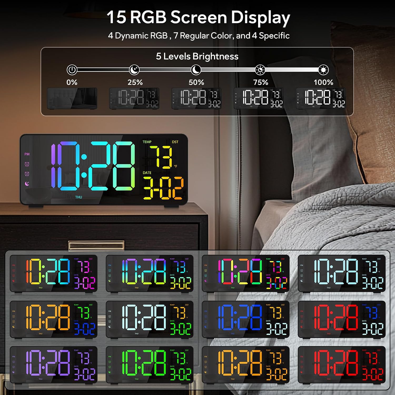 Digital Alarm Clocks For Bedrooms, Rgb Desk Clock With 15 Color Display, Date Temperature And Weekday, Dst, Snooze, 2 Alarms, Ambient Lighting For Living Room, Bedside Office Gaming Desk Decor