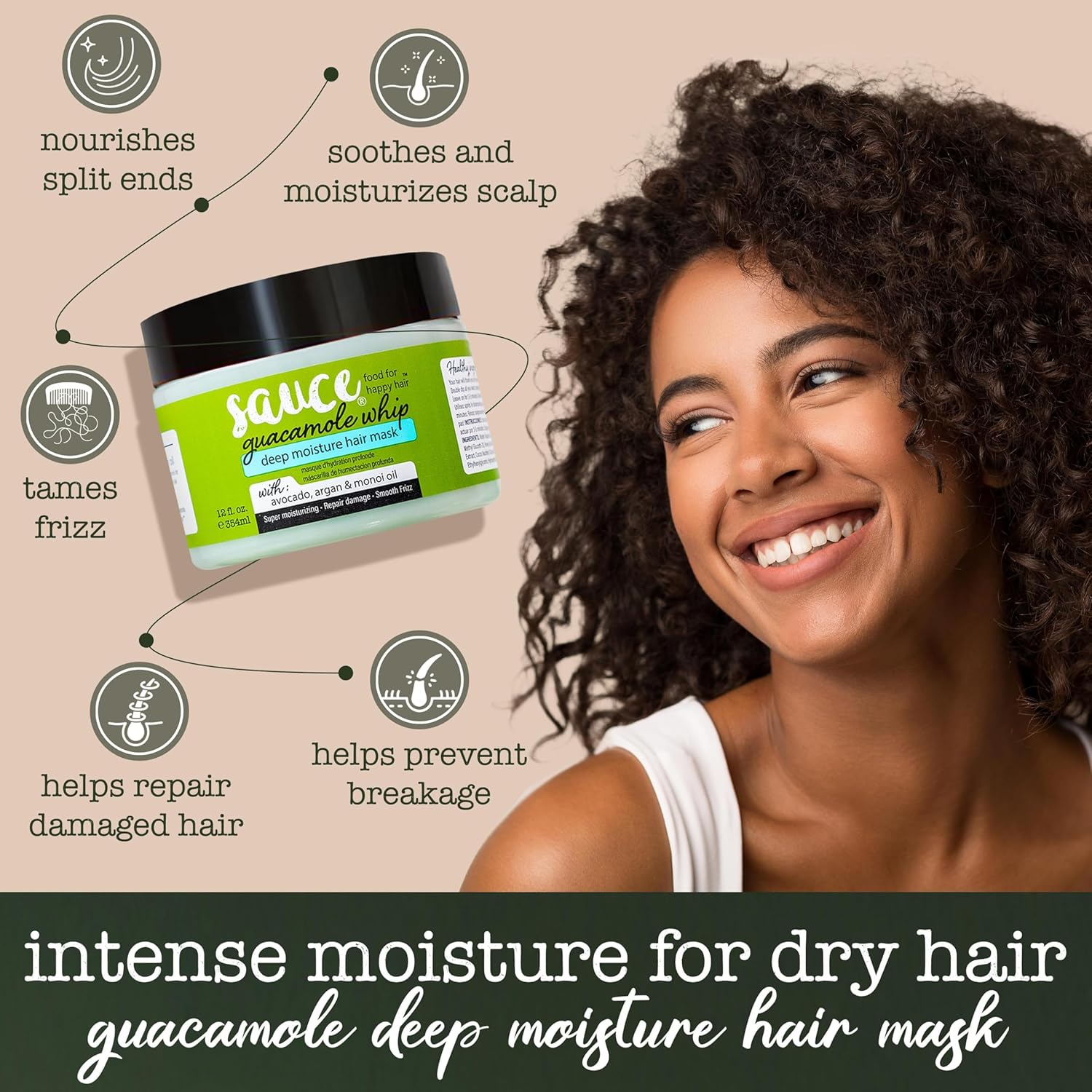 SAUCE Deep Conditioning Hair Mask for Dry Damaged Hair, Guacamole Whip (12 Fl Oz) Frizz Control with Avocado, Jarrah Honey, Monoi & Argan Oil