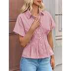 Womens Striped Peplum Button Down Shirts Short Sleeve Pleated Tops Summer Business Casual Blouses