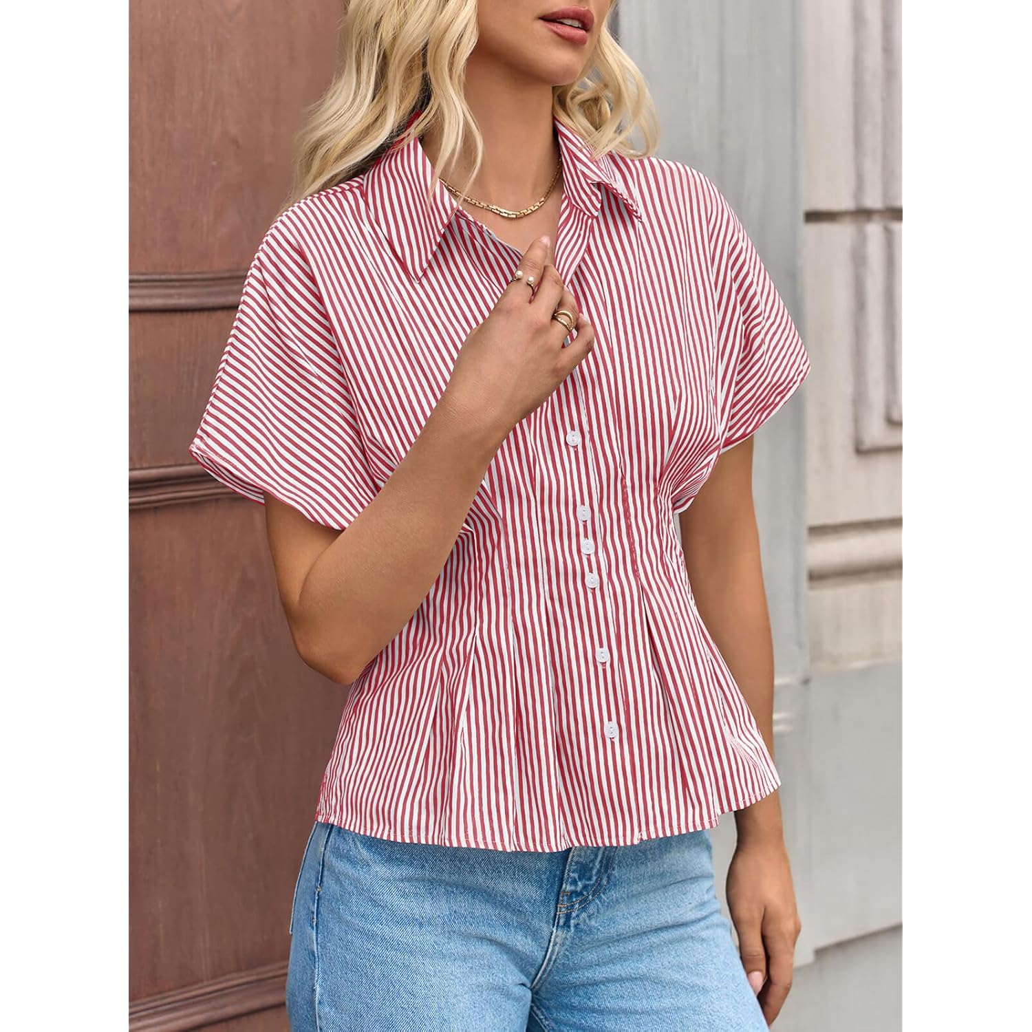 Womens Striped Peplum Button Down Shirts Short Sleeve Pleated Tops Summer Business Casual Blouses