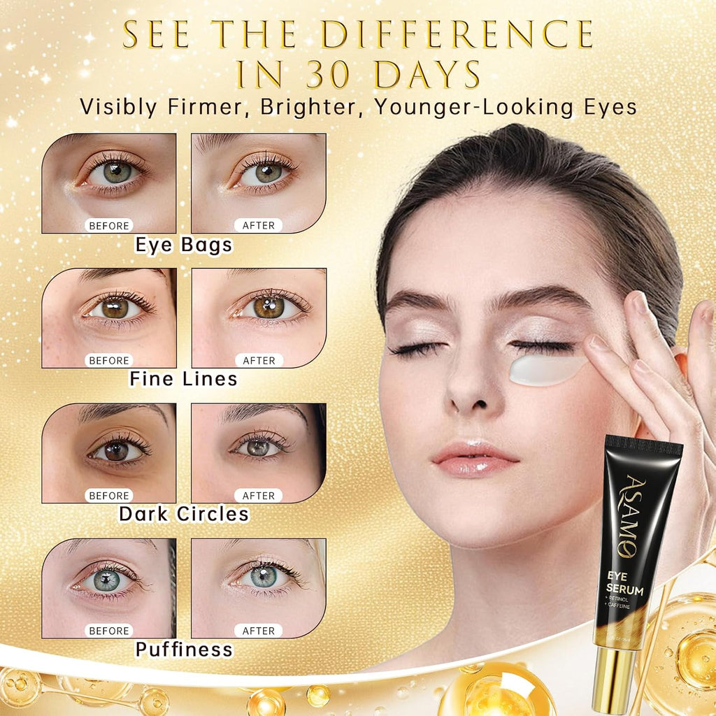 Asamo Retinol & Vegan Collagen Eye Serum - Rapid Reduction Serum For Bags, Dark Circles And Wrinkles - Firming & Energizing Eye Treatment - 20Ml