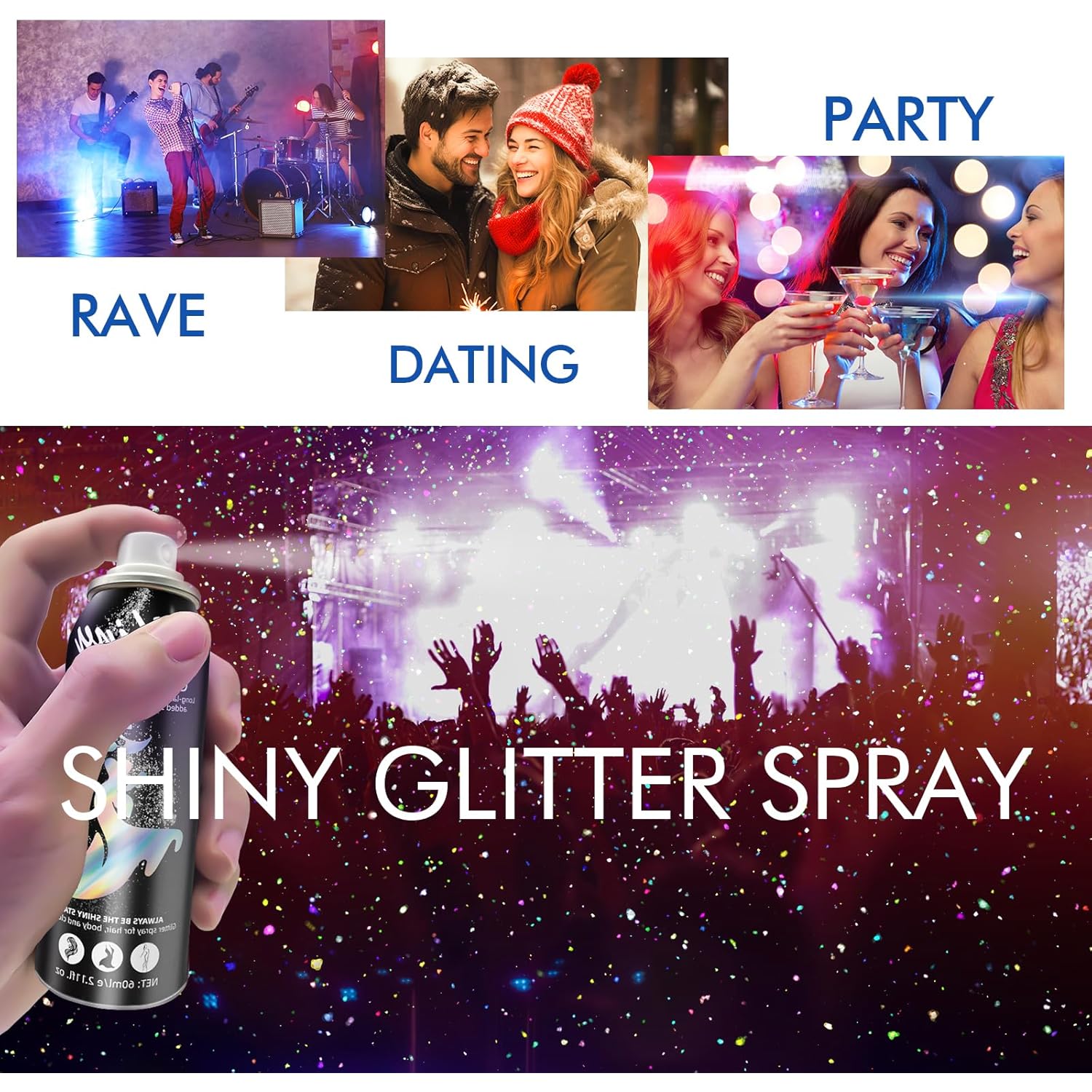 Ragkun Body Glitter, Body Glitter Spray, Glitter Spray for Hair and Body, Long-Lasting and Quick-Drying Silver Glitter Hairspray Suitable for Stage, Festival Rave and Makeup Prom (2.11 Fl Oz)