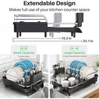 SNTD Dish Drying Rack, Expandable Dish Rack for Kitchen Counter, Stainless Steel Dish Drainer with Drainboard Set and Utensil Holder (Black)