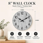 Wall Clock, Rustic Wall Clocks Battery Operated Silent Non Ticking, Country Round Wooden Clocks Farmhous Wall Decorative For Kitchen, Bathroom, Living Room (Gray 8 Inch)