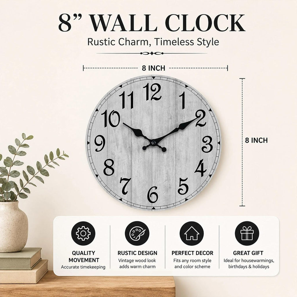 Wall Clock, Rustic Wall Clocks Battery Operated Silent Non Ticking, Country Round Wooden Clocks Farmhous Wall Decorative For Kitchen, Bathroom, Living Room (Gray 8 Inch)