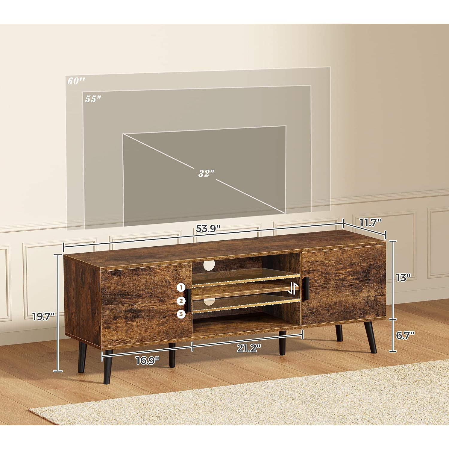 Superjare Tv Stand For 55 Inch Tv, Entertainment Center With Adjustable Shelf, 2 Cabinets, Tv Console Table, Media Console, Solid Wood Feet, Cord Holes, For Living Room, Bedroom, Rustic Brown