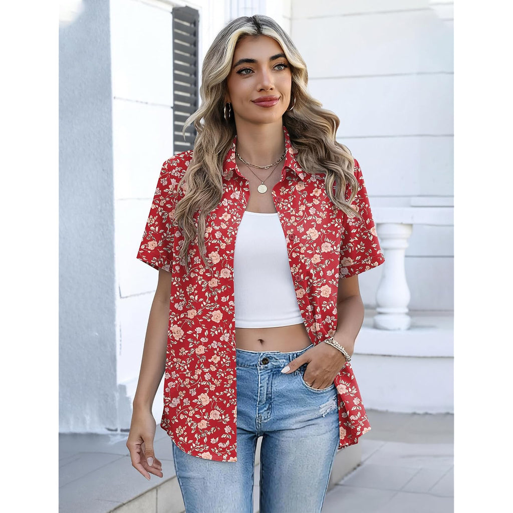 Zeagoo Button Down Shirts For Women Short Sleeve Collared Tops Dressy Casual V Neck Blouses