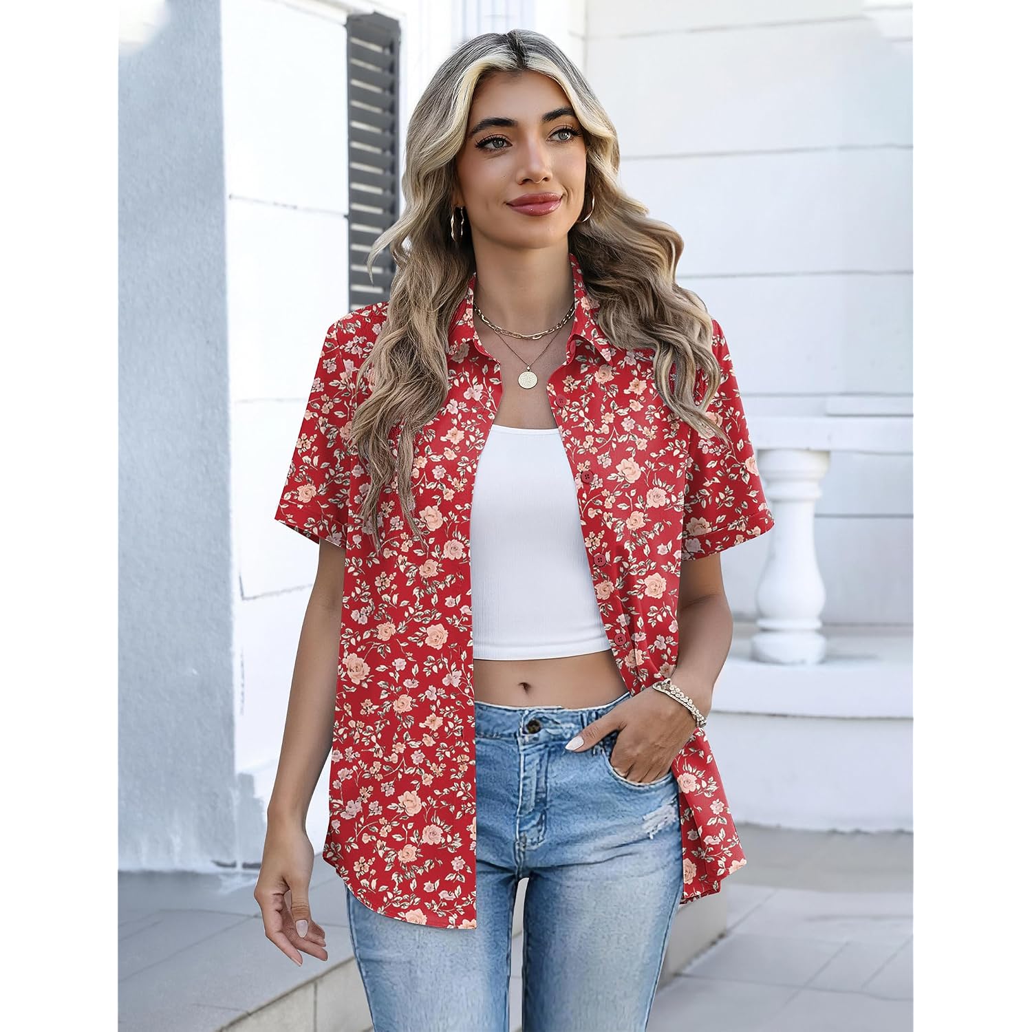 Zeagoo Button Down Shirts For Women Short Sleeve Collared Tops Dressy Casual V Neck Blouses