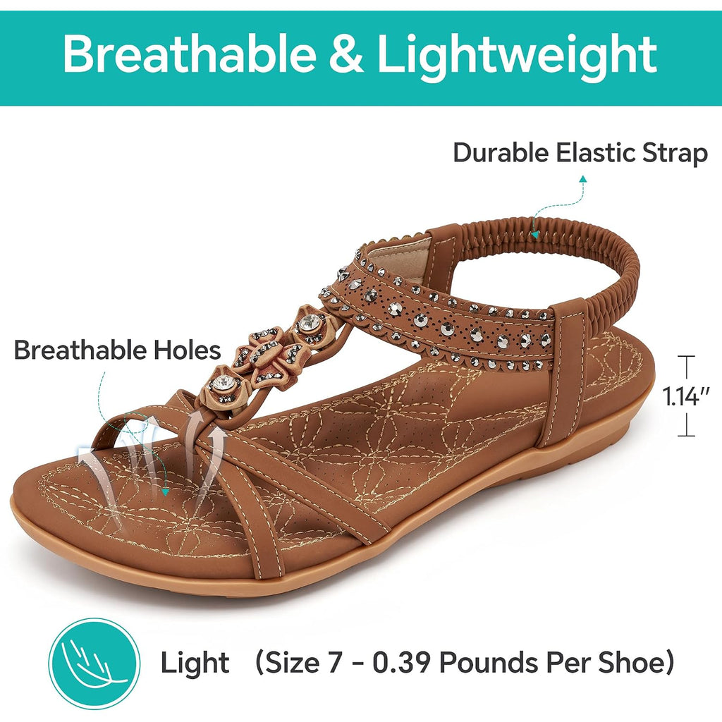 Alicegana Womens Sandals Shoes Comfort Walking With Non Slip On Casual Summer 2026 Shoes Dress Ankle Elastic Jeweled Bohemian Flats Vacation Wedding