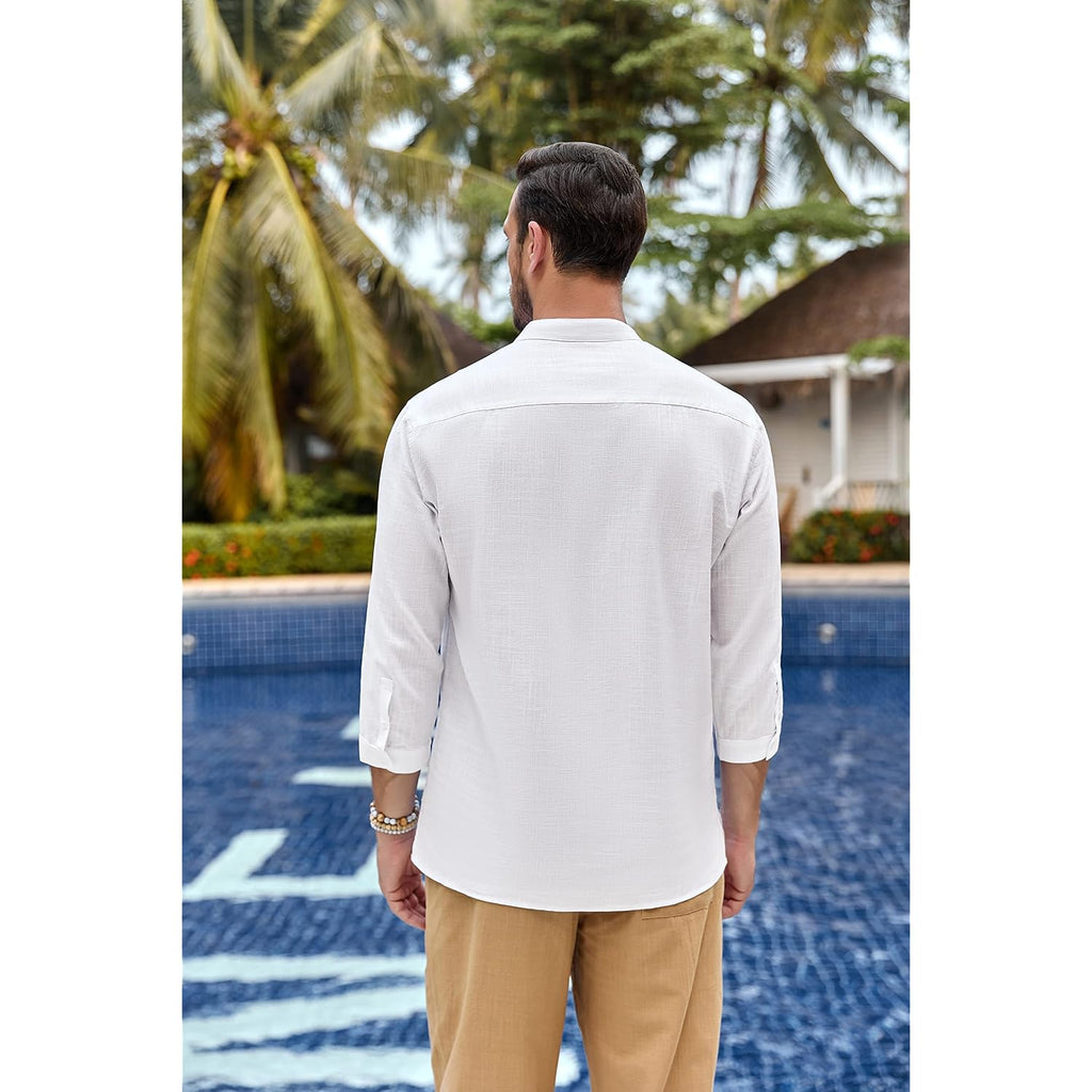 Mens Linen Henley Shirts Long Sleeve Hippie Yoga Summer Beach Casual Henleys T-Shirt