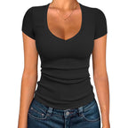 Women Short Sleeve T-Shirt Cap V Neck Shirts for Women Ribbed Casual Top Knit Slim Fit for Summer