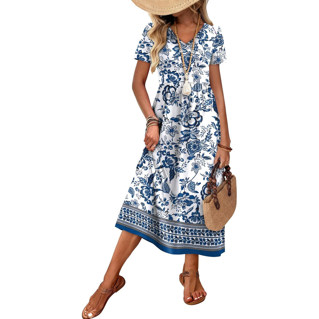 Ofeefan Summer Dresses For Women Flowy Casual A-Line Midi Dress Beach Vacation Sundresses With Pockets S-2Xl