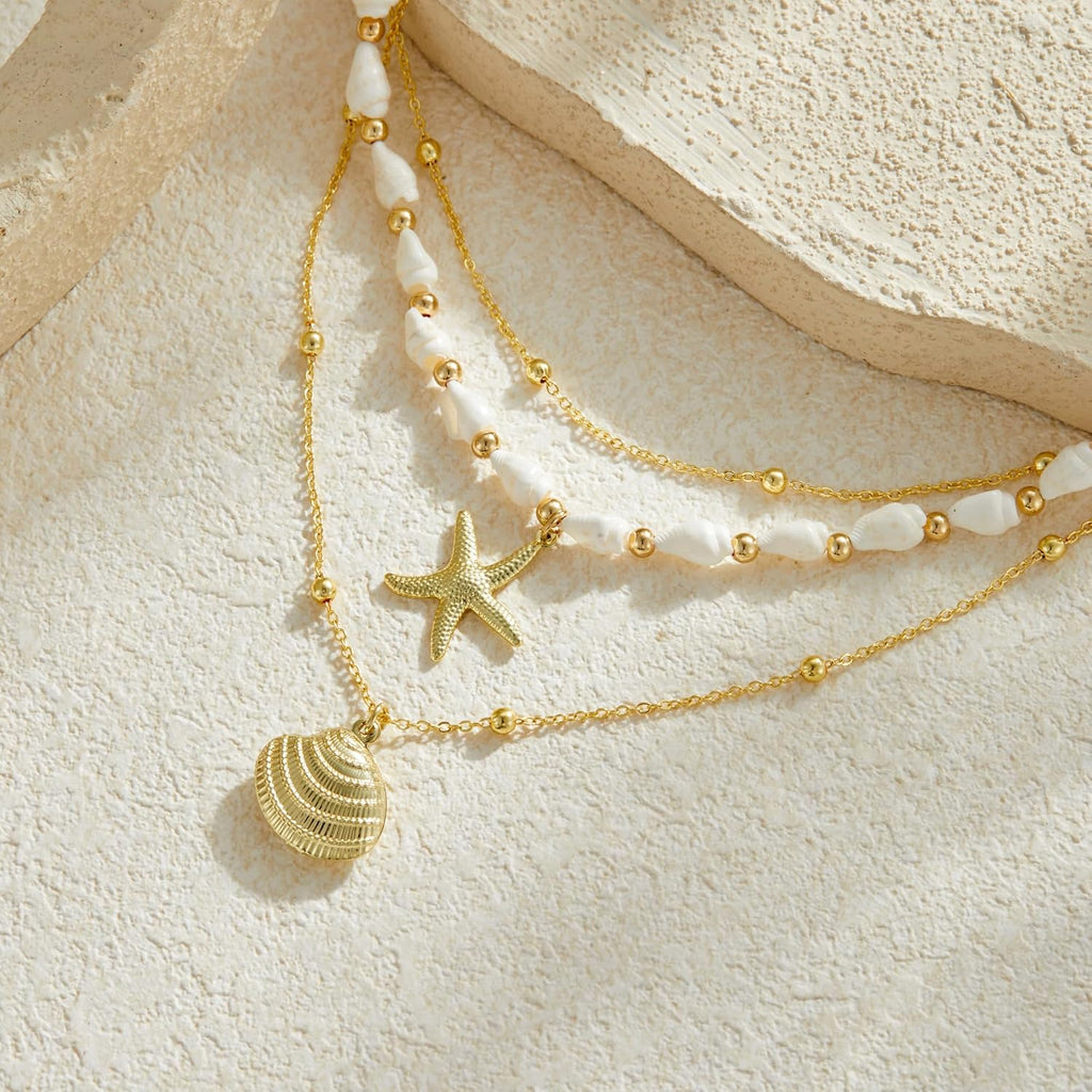 Seashell Starfish Necklace for Women Conch Shell Summer Pearl Beach 14k Gold Layered Dainty Choker