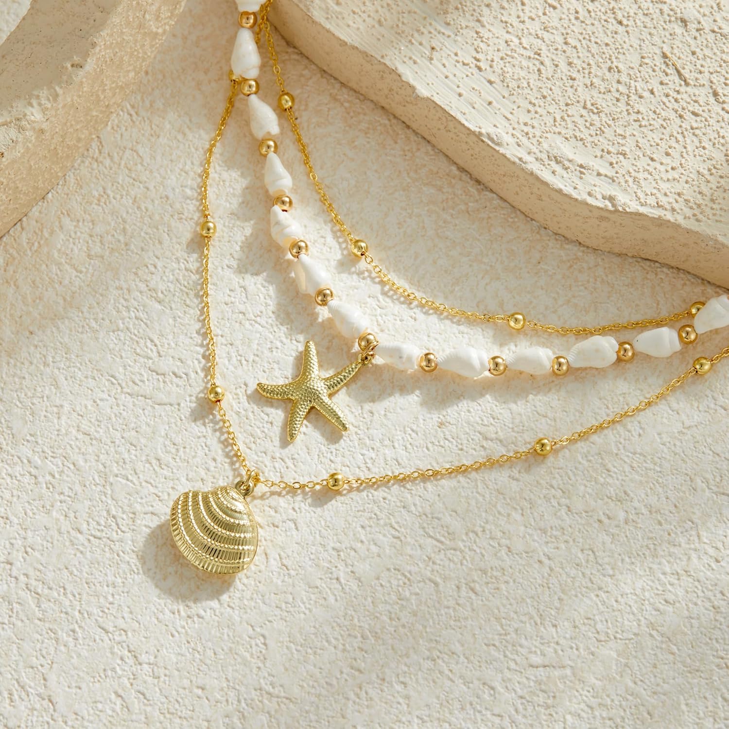 Seashell Starfish Necklace for Women Conch Shell Summer Pearl Beach 14k Gold Layered Dainty Choker