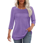 Ofeefan Womens Tops 3/4 Length Sleeve Blouses Dressy Casual Spring Summer Fall Outfits Pleated Front T Shirts Curved Hem