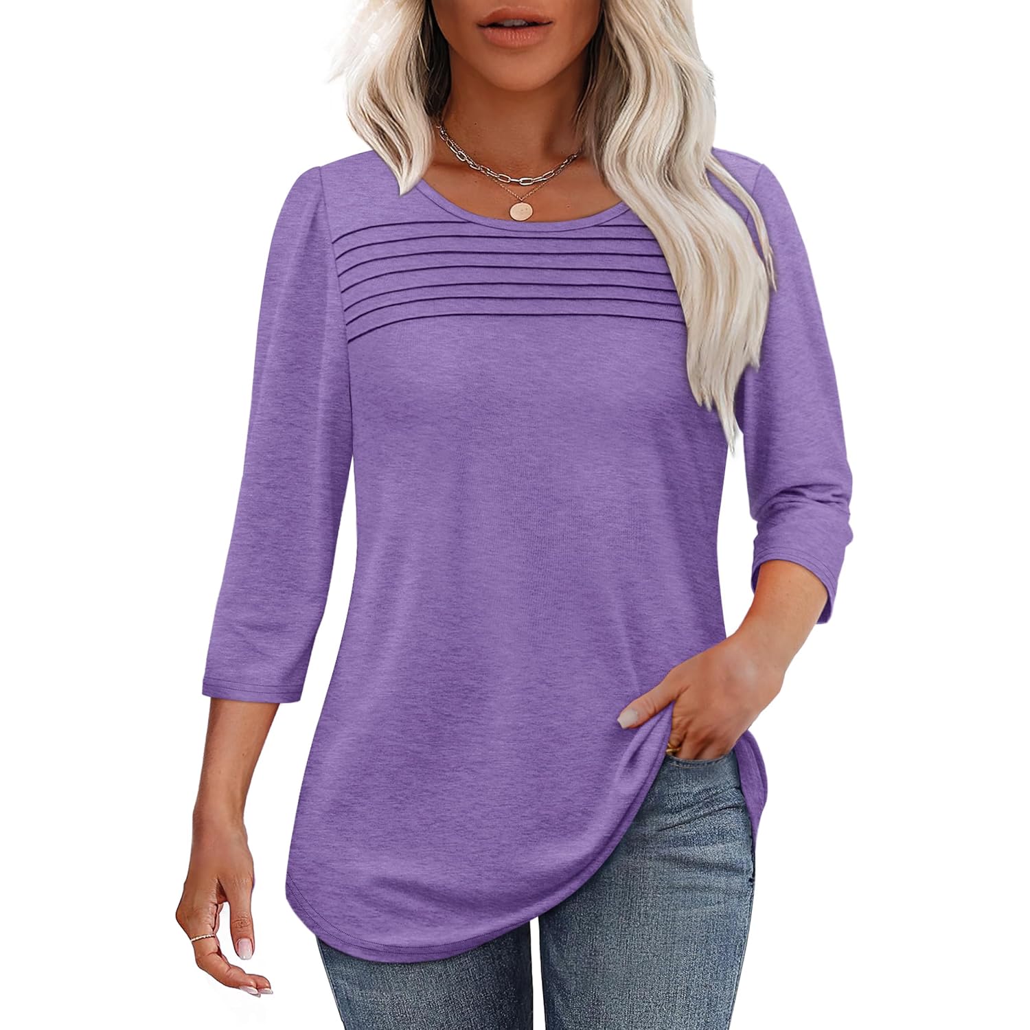 Ofeefan Womens Tops 3/4 Length Sleeve Blouses Dressy Casual Spring Summer Fall Outfits Pleated Front T Shirts Curved Hem