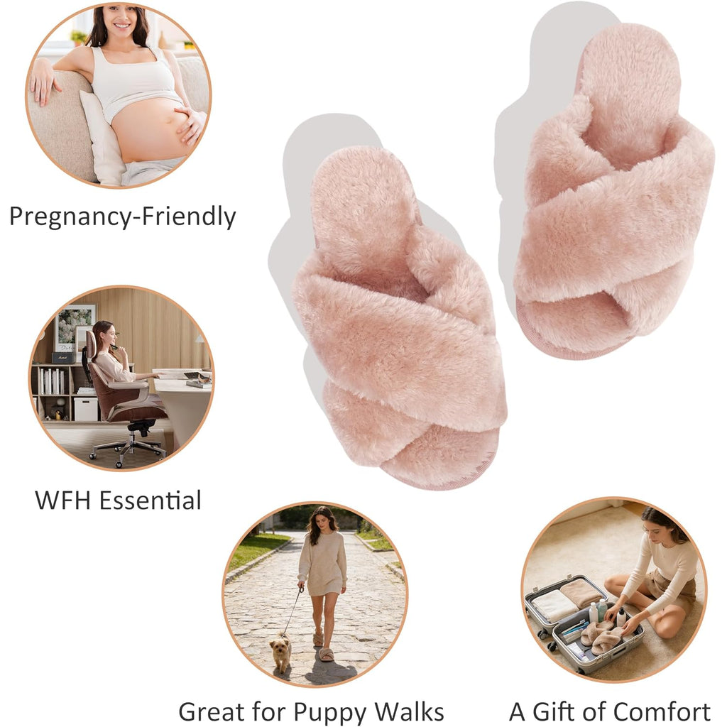 Crazy Lady Women'S Fuzzy Fluffy House Slippers Cute Plush Memory Foam Shoes Cross Band Indoor Outdoor Open Toe Sandals
