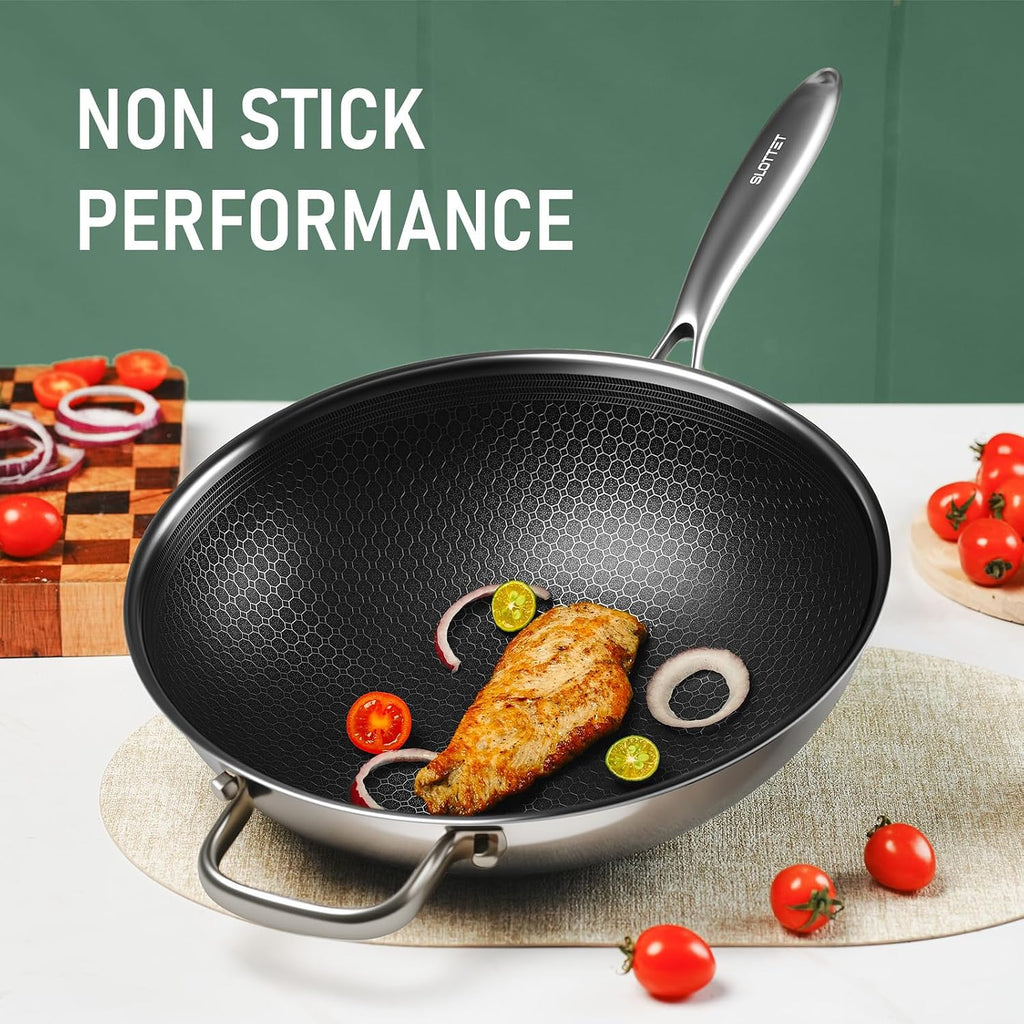 Slottet Hybrid 12-Inch Wok With Lid,Nonstick Stainless Steel Woks & Stir-Fry Pans,Stay-Cool Handle,Pfoa Free Cookware,Dishwasher And Oven Safe,Compatible With All Cooktops