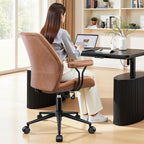 Leather Office Chair With Removable Armrests, Mid Back Ergonomic Desk Chair With Lumbar Support, Adjustable Height Rocking Swivel Executive Chair For Home Office, Brown