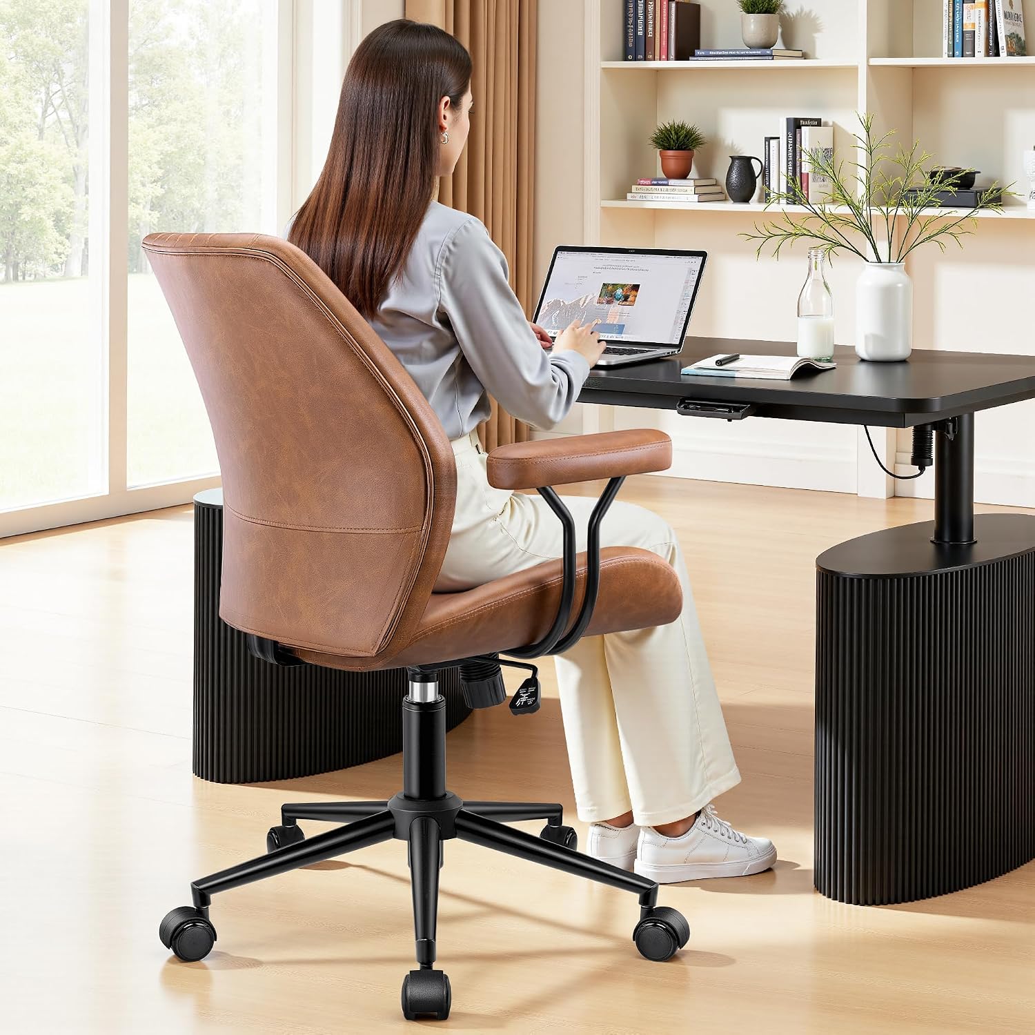 Leather Office Chair With Removable Armrests, Mid Back Ergonomic Desk Chair With Lumbar Support, Adjustable Height Rocking Swivel Executive Chair For Home Office, Brown