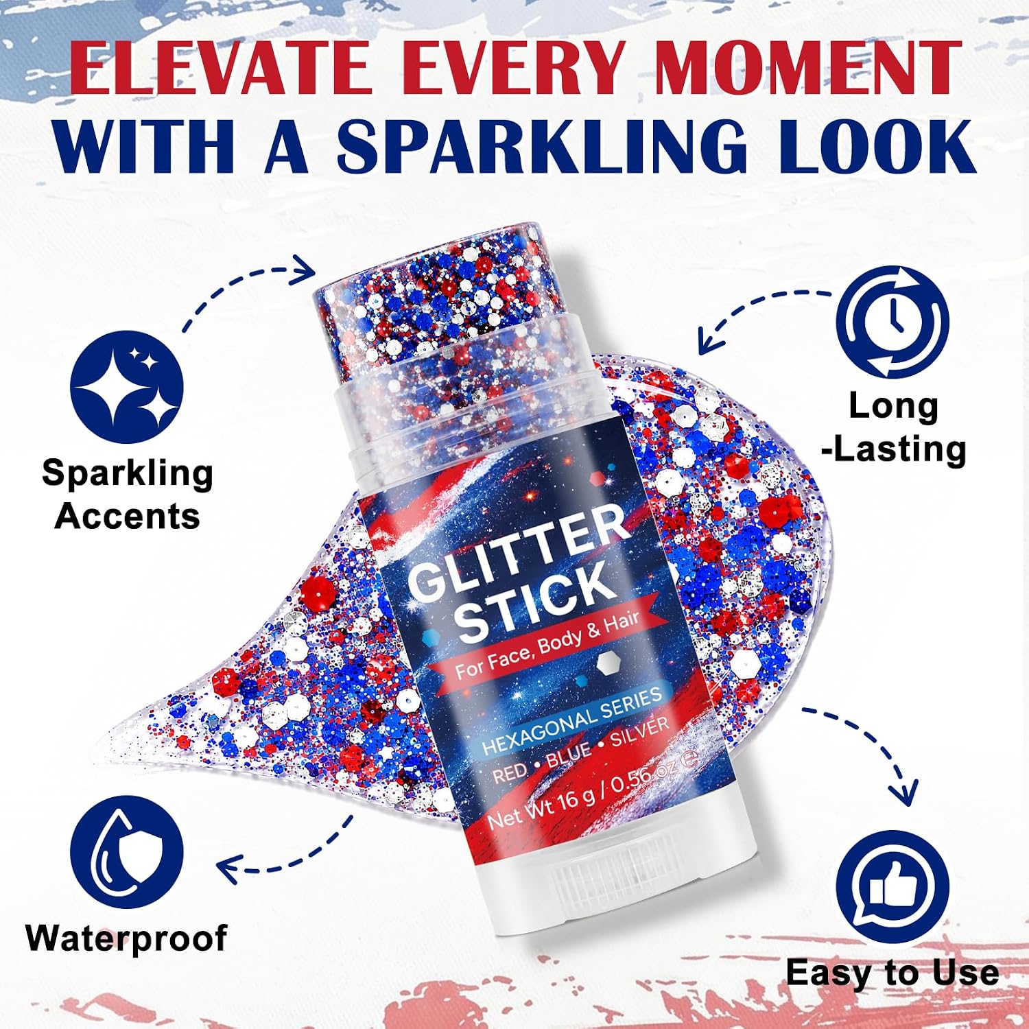 Red White Blue Glitter Stick - Hexagonal Patriotic Body Face Glitter Gel Makeup For Women Kids - Hypoallergenic Alcohol Free Hair Glitter For 4Th Of July, 250Th Independence Day Outfits, Soccer Game