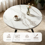 34.6" Round Dining Table Set For 4, Modern Kitchen Coffee Table Set With 4 Upholstered Leather Chairs, Mdf Small Space Saving Dining Room Table And Chairs Set (White Table+4 Beige Chairs)
