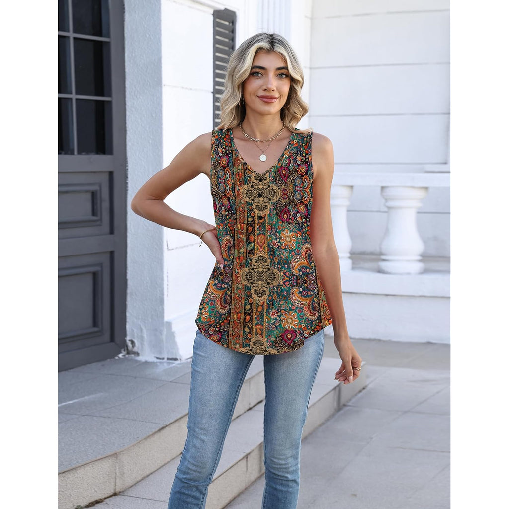 Womens Tank Tops Summer Sleeveless Pleated V Neck Tunic Shirts Loose Casual Button Flowy Boho Clothes S-3XL