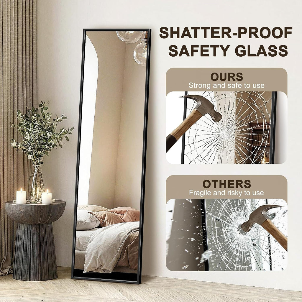 Fictor Full Length Mirror With Stand, Floor Standing Mirror Full Body, Hd Shatterproof Black Frame Wall Mirror For Bedroom, Living Room, Dressing Room & Entryway, 56"X15"