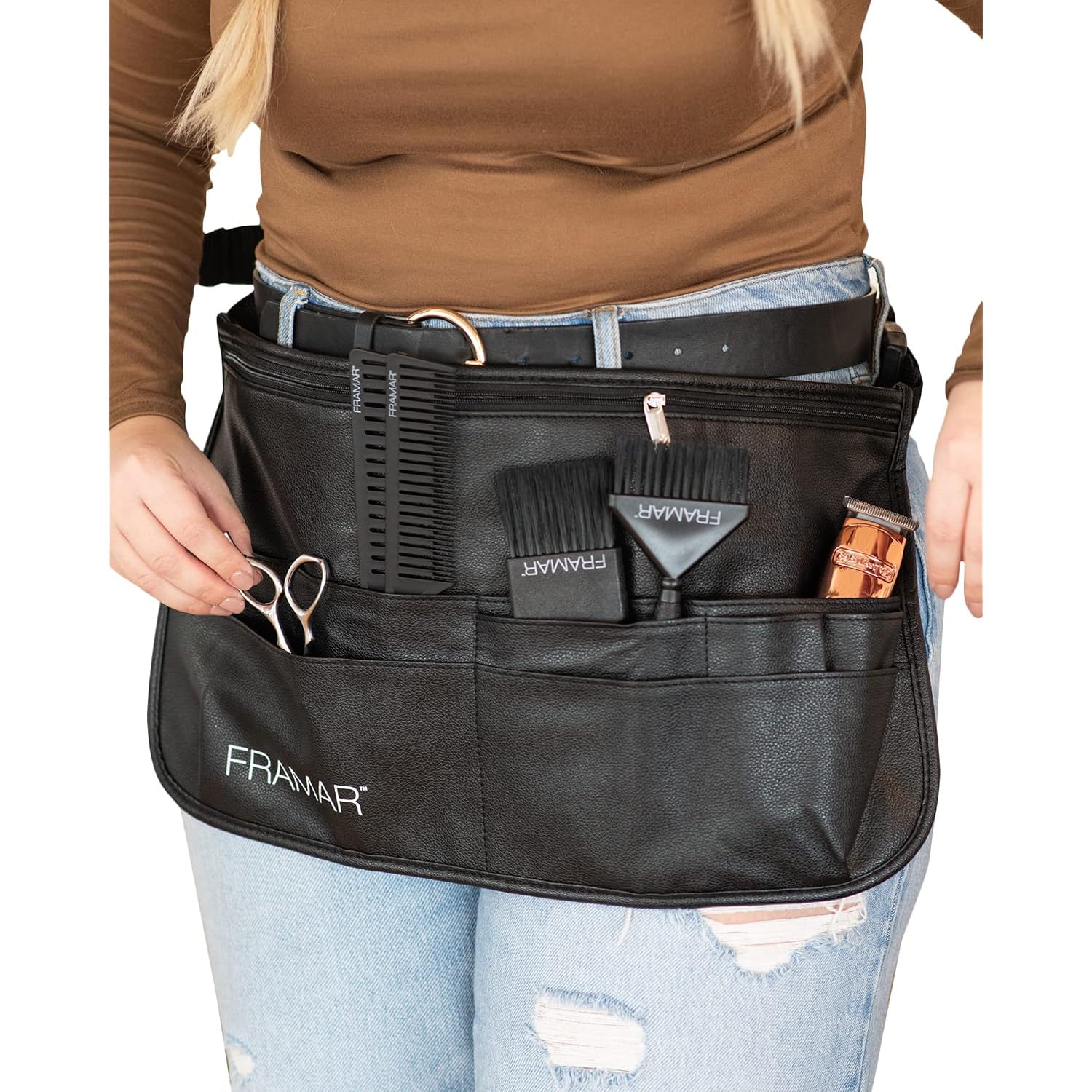 Framar Hipster Salon Hairstylist Waist Belt With Shears Pouch, Professional Hair Stylist & Makeup Brush Belt
