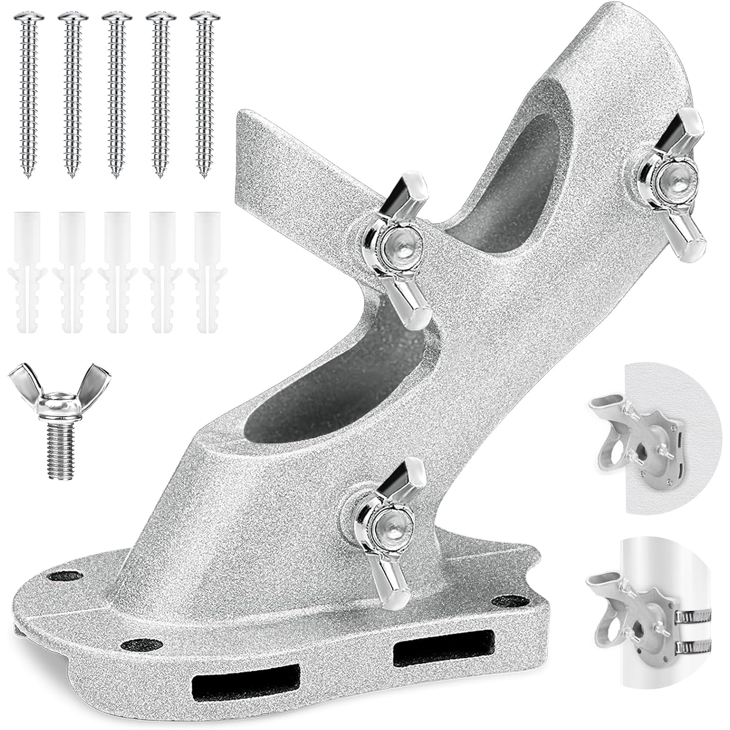 1" Flag Pole Holder For Outside House, Reeron 2-Positions Metal Flagpole Bracket Mounts, Aluminium Rustproof Flag Pole Wall Porch Mounting Brackets With 3 Fixed Holes & Steel Hardwares (Silver-1 Pack)