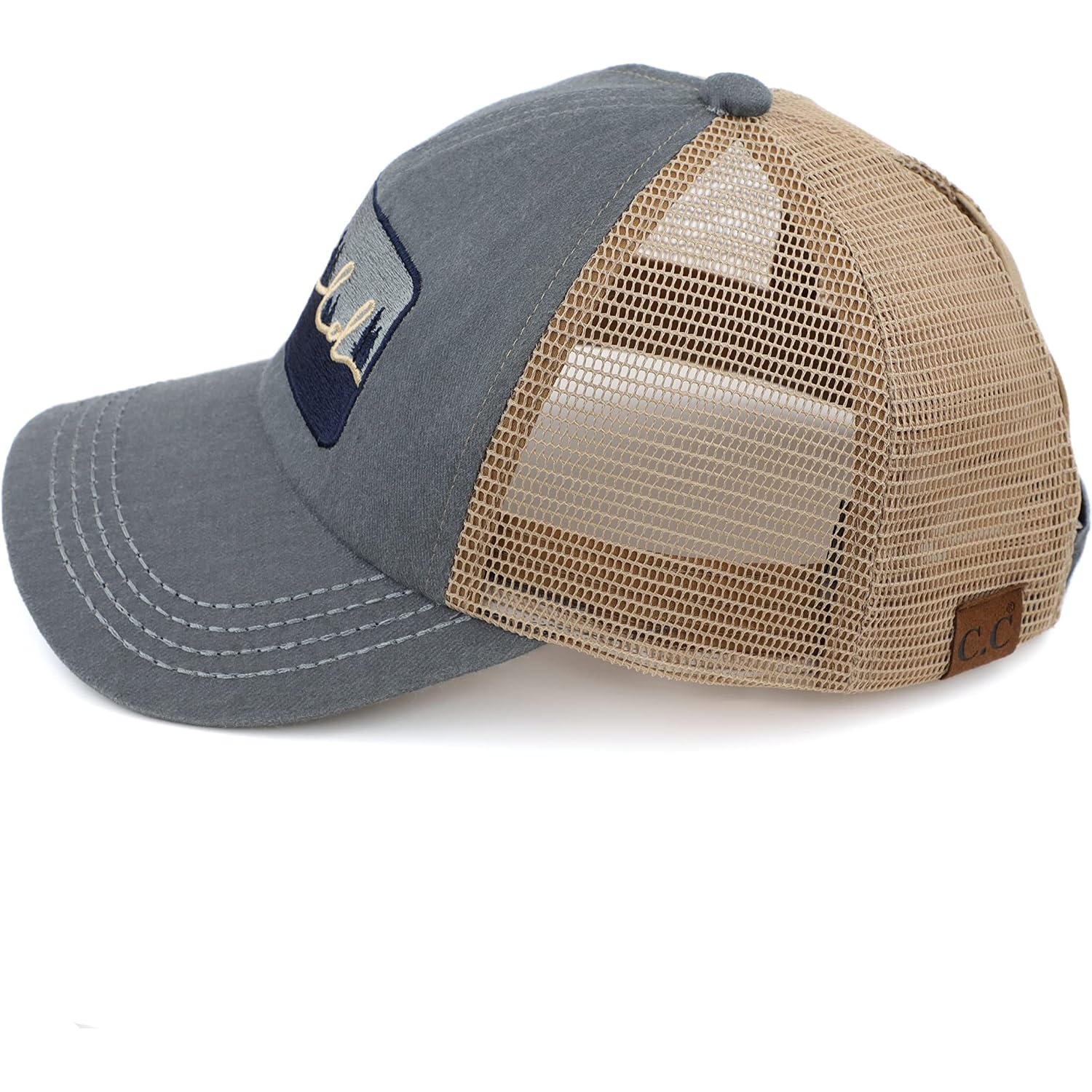 C.C Exclusives Washed Distressed Embroidered Patch Cotton Denim Criss-Cross Ponytail Hat Adjustable Baseball Cap