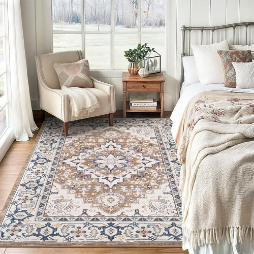 5X7 Area Rugs For Living Room, Washable Area Rug, Rugs For Bedroom, Kitchen, Vintage Boho Carpet, Soft Non-Slip, Low Pile Large Area Rug For Office Dining Room, Floral Brown