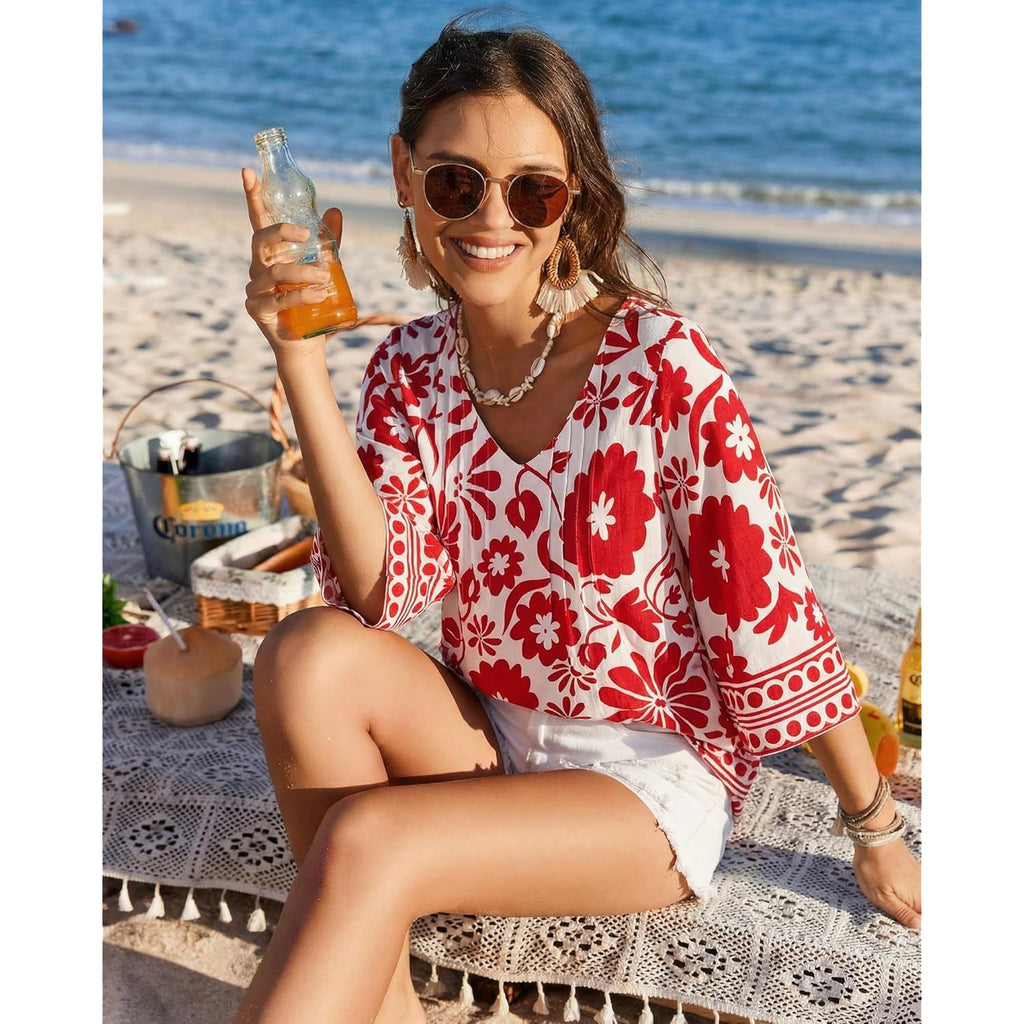 Womens V Neck 3/4 Sleeve Bohemian Casual Blouses Loose Fit Tunic Tops Shirt Boho Floral Vacation Clothes