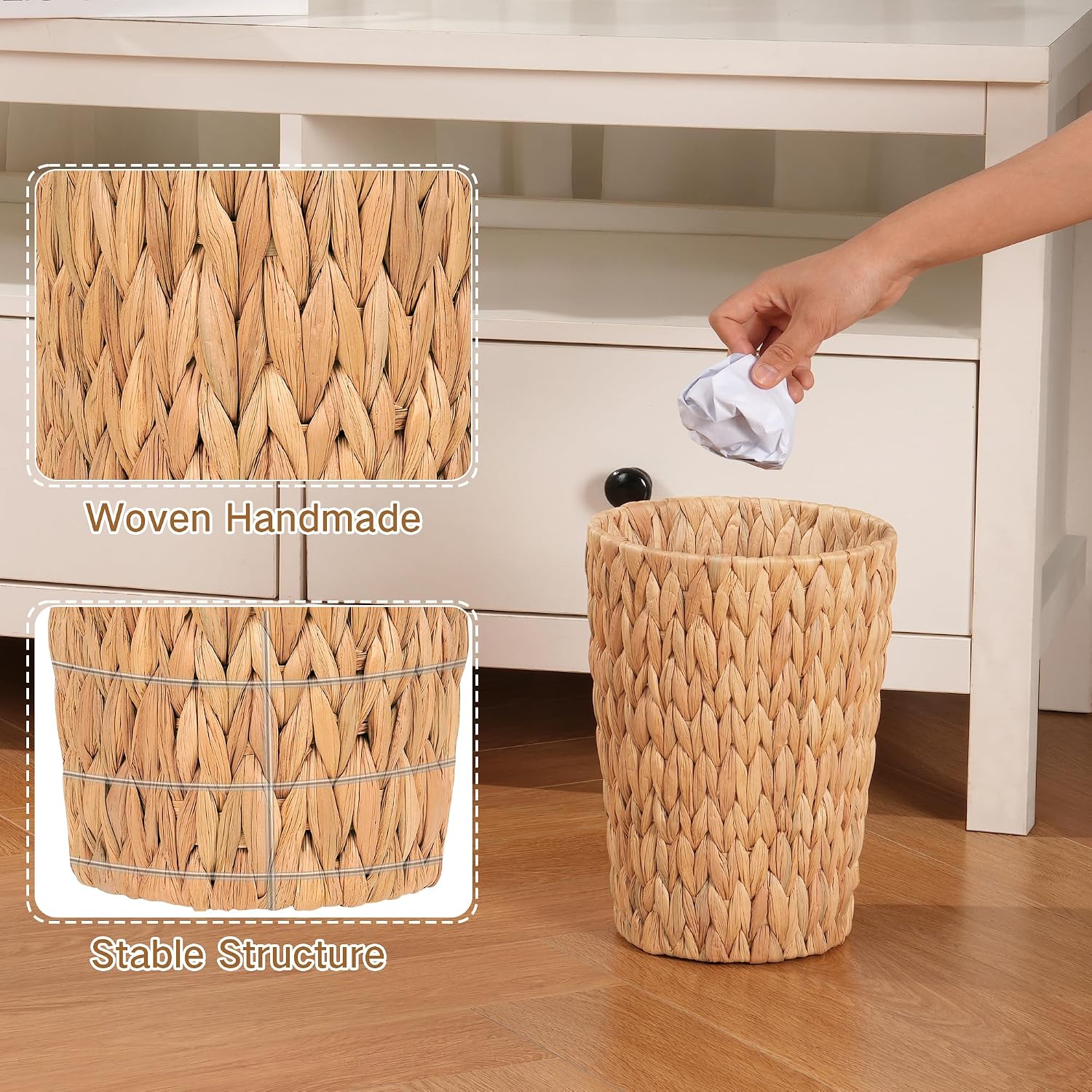 Iegrow 2 Pack Wicker Trash Can, Small Bathroom Trash Can, 2 Gallon Woven Natural Water Hyacinth Waste Basket For Bedroom, Boho Garbage Can For Decor Home Kitchen Living Room Office (Round)