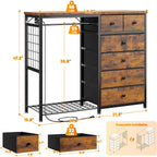 Enhomee 49.2" W Dresser With Hanging Rack & 6 Drawers, Grid Panel & 4 Hooks | Featuring Led Lights And Charging Station, Wooden Top Organize Unit For Bedroom, Chest Of Drawers With Steel Frame, Brown