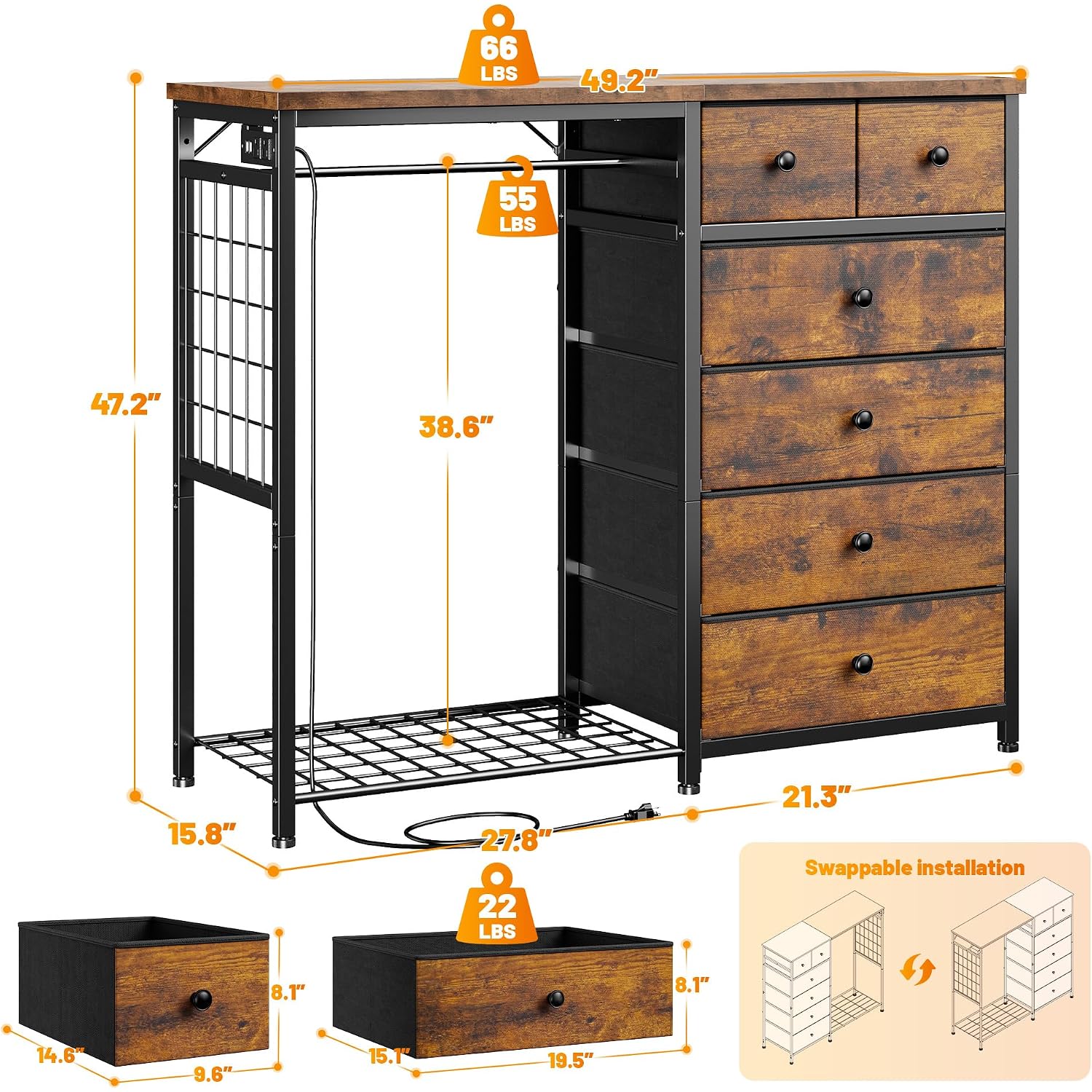Enhomee 49.2" W Dresser With Hanging Rack & 6 Drawers, Grid Panel & 4 Hooks | Featuring Led Lights And Charging Station, Wooden Top Organize Unit For Bedroom, Chest Of Drawers With Steel Frame, Brown