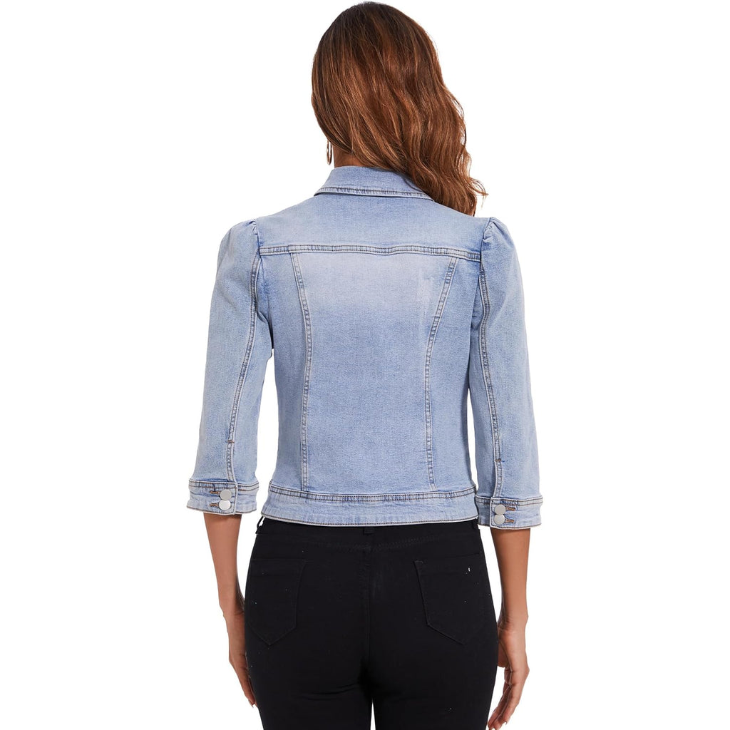Women'S Jean Jacket Cropped Denim Jacket Stretchy 3/4 Puff Sleeve Distressed With Pockets