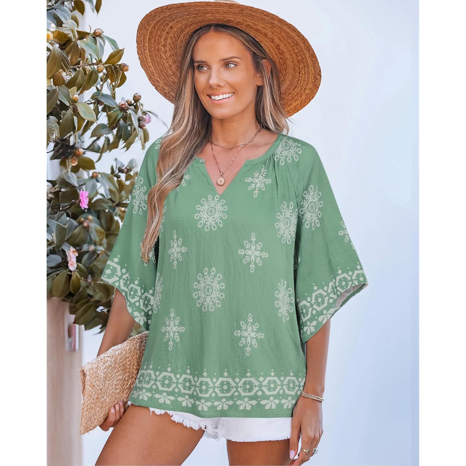 Womens 3/4 Sleeve V Neck Bohemian Peasant Blouses Casual Loose Fit Tunic Tops
