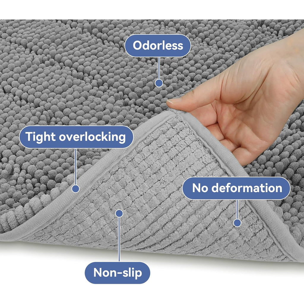 Bcoimo 24"×17" Chenille Bath Mat – Non-Slip with Backing Bath Rug Ultra-Absorbent and Machine Washable Bathroom Mat Quick-Dry Design. Ideal for Bathroom and Tub Areas