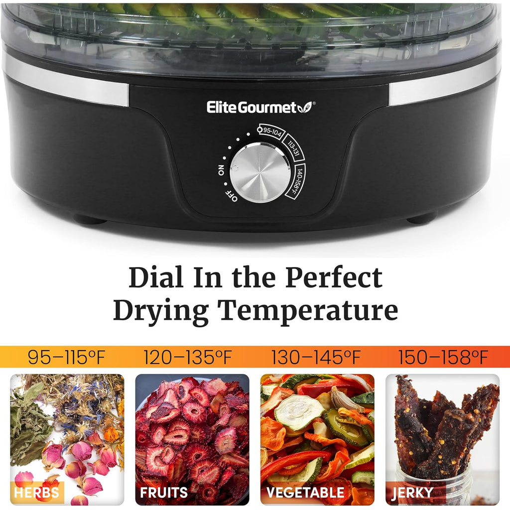 Elite Gourmet EFD319 Food Dehydrator, 5 BPA-Free 11.4" Trays Adjustable Temperature Controls, Jerky, Herbs, Fruit, Veggies, Dried Snacks, Black