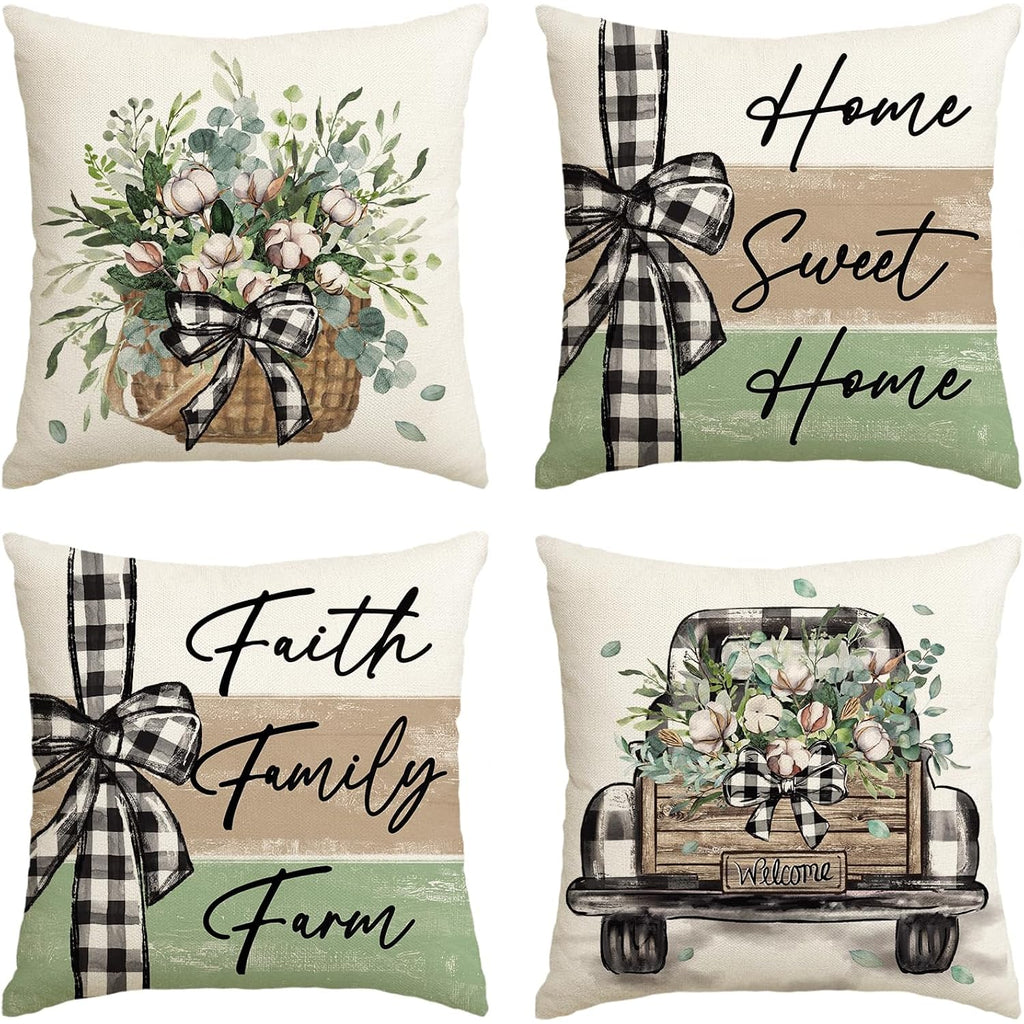 AVOIN colorlife Home Sweet Home Farmhouse Eucalyptus Leaves Throw Pillow Covers, 18 x 18 Inch Truck Stripes Buffalo Plaid Cushion Case Decorations Set of 4