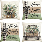 AVOIN colorlife Home Sweet Home Farmhouse Eucalyptus Leaves Throw Pillow Covers, 18 x 18 Inch Truck Stripes Buffalo Plaid Cushion Case Decorations Set of 4