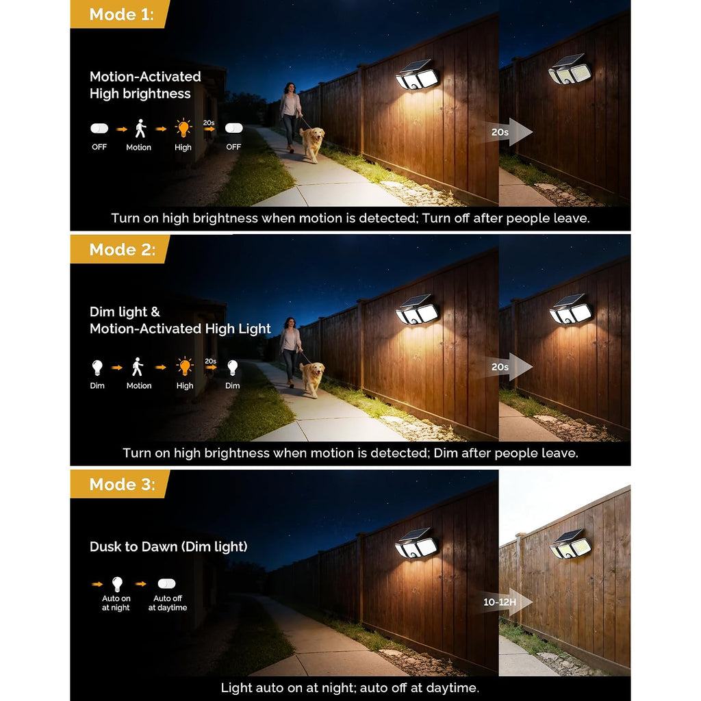 Brightown 2 Pack Solar Outdoor Lights, 2500Lm 223 Led Solar Flood Outdoor Lights With Motion Sensor 3 Modes, 3 Head 270° Wide Angle Street Area Ip65 Waterproof Security Wall Lights With Remote
