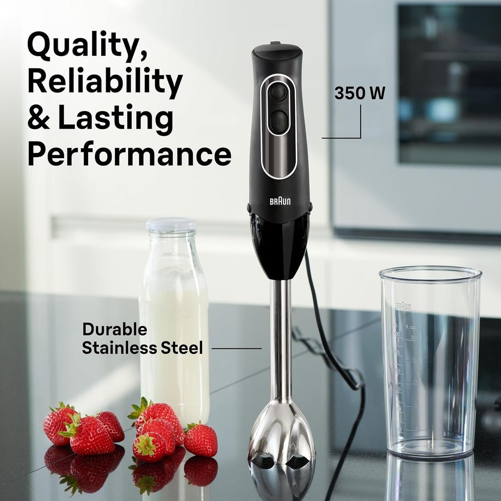 Braun Multiquick 5 Immersion Hand Blender With Dual Speed + Turbo And Patented Technology, 350W - Includes Beaker And Whisk, Black, Mq505